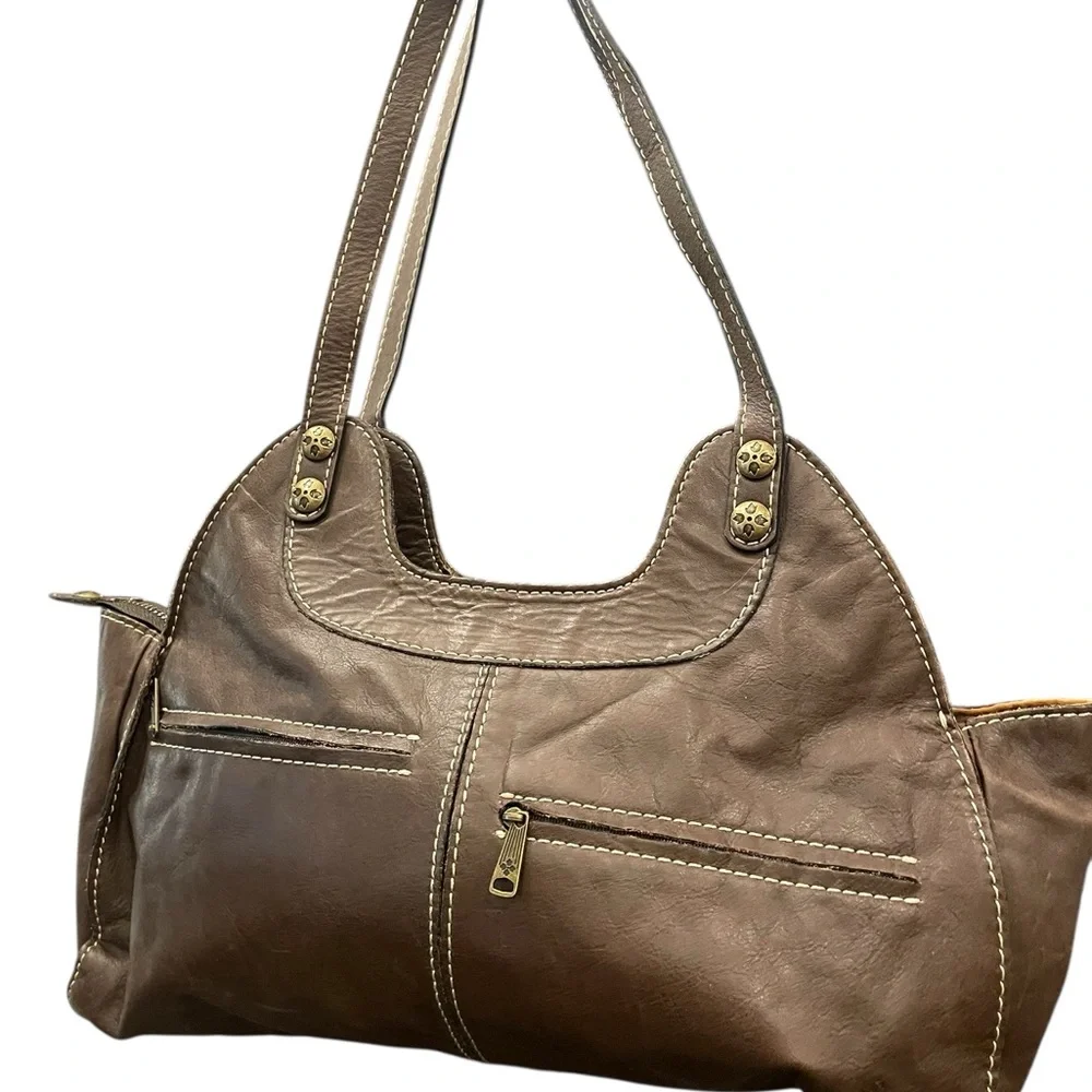 Patricia Nash‎ Brown Leather Purse Hobo Boho Metal Studs Double Handle Casual